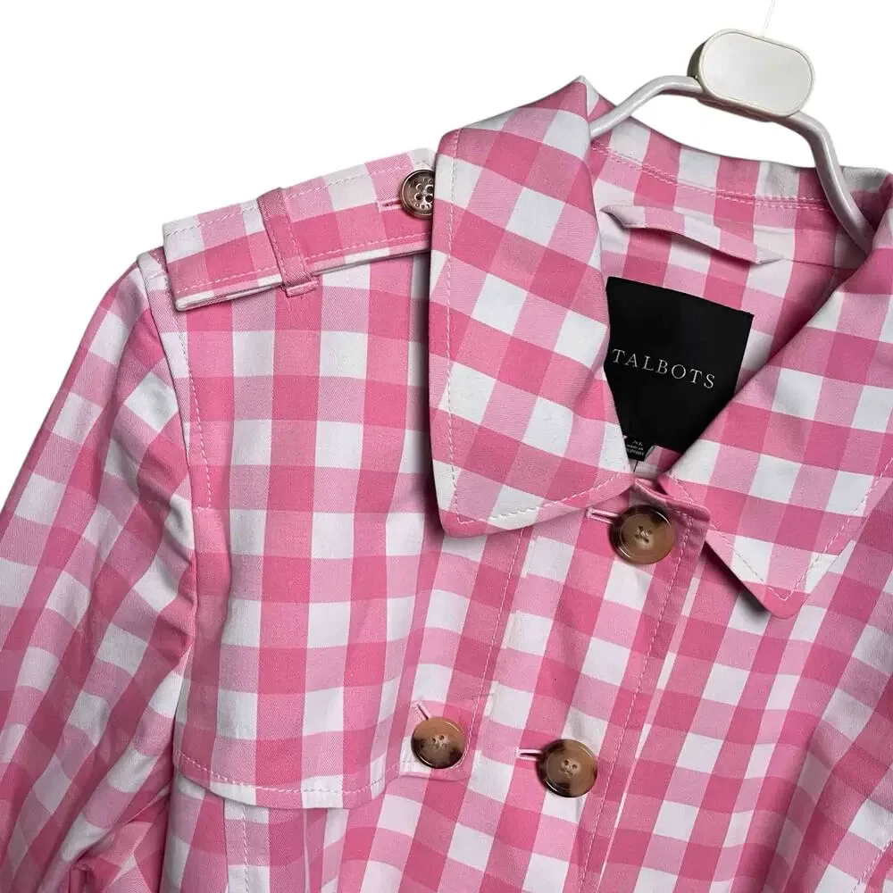 Talbots NWT Gingham Trench Coat Size XL Pink White Belted Cotton Blend Jacket - Picture 2 of 9